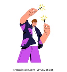 Birthday party. Christmas holiday. Xmas celebration. Happy guy holding sparklers, rejoices. Cheerful boy with Bengal light, sparkles in hands. Flat isolated vector illustration on white background