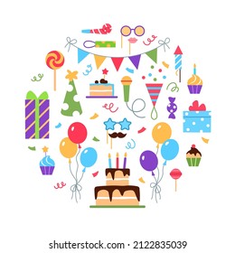 Birthday party circle concept on white background. Colorful greeting card, invitation decoration design. Bright event elements cake with candles gift cupcake hat candy fire cracker vector illustration