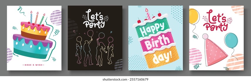 Birthday party clipart poster set design. Happy birthday invitation, wishes and greeting card outline collection with cake and people elements. Vector illustration bday invitation card clip art. 
