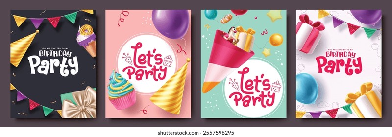 Birthday party clipart poster set. Happy birthday invitation card with balloons, party hat, pennants, gifts and toys decoration elements for whishing design collection. Vector illustration greeting 