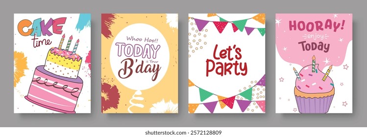 Birthday party clipart poster set design. Happy birthday greeting and wishes with cake, pennants and cupcake hand drawn elements clip art in colorful abstract background. Vector illustration bday 