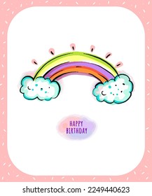 Birthday party clipart, white background, pink unicorn, cake, rainbow, gifts. Suitable for T-shirt and fashion accessory.