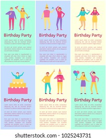 Birthday party collection, people and good time, enjoyment and celebration, party text samples and headlines, vector illustration isolated on white and blue