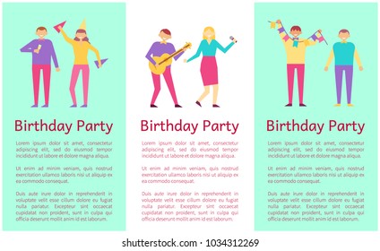 Birthday party collection, people and good time, enjoyment and celebration, party text samples and headlines, vector illustration isolated