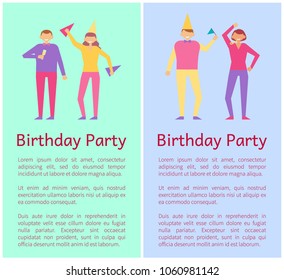 Birthday party collection, people and good time, enjoyment and celebration, party text samples and headlines, vector illustration isolated on white and blue