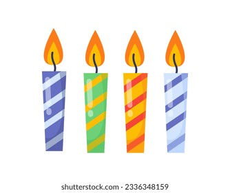 Birthday party colorful candles concept. Holiday and festival symbol. Decor elements for home. Template, layout and mock up. Cartoon flat vector illustration isolated on white background