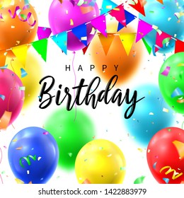 Birthday party colorful card. Colorful background with realistic flying colour air balloons. Vector illustration with color garlands and confetti.