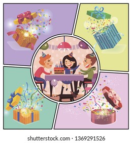 Birthday party colorful concept with kids celebrating boy birthday at home and confetti ribbons in opened present boxes vector illustration