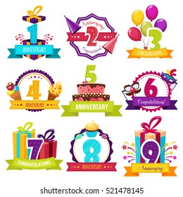 Birthday party colorful emblems with number of years icecream and gifts balloons and ribbons isolated vector illustration