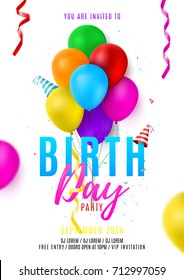 Birthday Party Colorful Flyer Template. Beautiful Background With Colorful Balloons. Vector Illustration With Confetti And Serpentine. Invitation To Nightclub.
