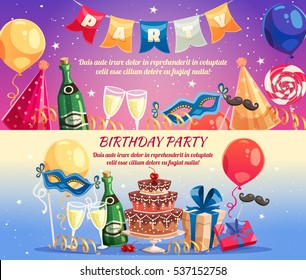 Birthday party colorful horizontal banners with festive accessories sweet treats champagne wine glasses and gifts flat vector illustration 