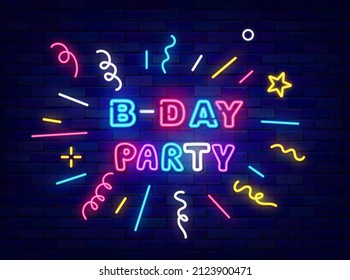 Birthday party colorful neon sign. Firework with confetti and streamers. Shiny greeting card. Child colorful text. Light effect banner. Event design on brick wall. Vector stock illustration