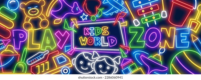 Birthday party colorful neon sign. Firework with confetti and streamers. Shiny greeting card. Child colorful text. Light effect banner. Event design on brick wall. Vector stock illustration