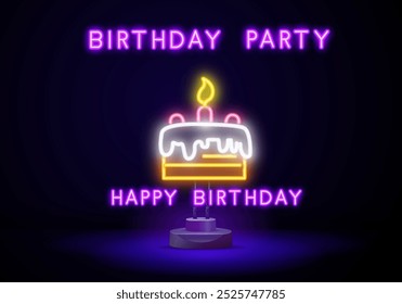 Birthday party colorful neon sign. Firework with confetti and streamers. Shiny greeting card.