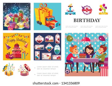 Birthday party composition with cartoon gift boxes invitation labels cake confetti ribbons delivery present truck kids celebrating birthday at home vector illustration