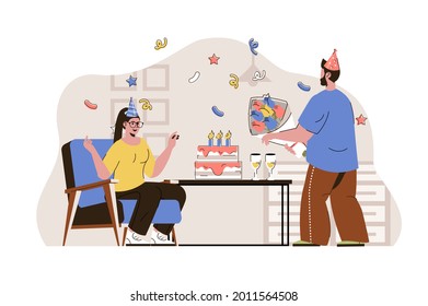 Birthday party concept. Couple in holiday hats drinking champagne situation. Party surprise with cake and gifts people scene. Vector illustration with flat character design for website and mobile site