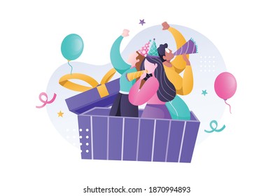 Birthday party concept. Group of happy people celebrating party. Vector illustration