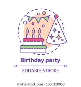 Birthday party concept icon. B-day holiday celebration idea thin line illustration. Cake, birthday hat and decorations. Special event planning. Vector isolated outline drawing. Editable stroke