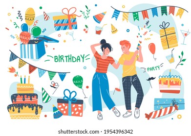 Birthday party concept isolated elements set. Bundle of man and woman dancing, birthday cake with candles, gifts, surprise, confetti, decor and garlands. Vector illustration in flat cartoon design