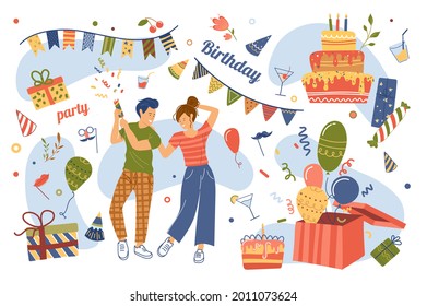 Birthday party concept isolated elements set. Collection of couple celebrating holiday, gifts, balloons, cake with candles, garlands, cocktails and other. Vector illustration in flat cartoon design