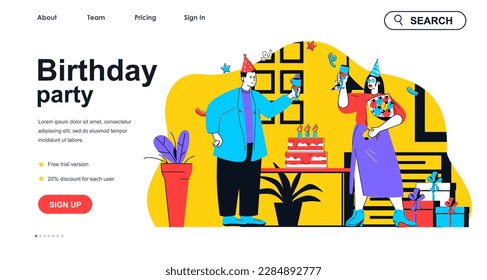 Birthday party concept for landing page template. Man and woman in holiday hats drinking champagne. Festive event with cake people scene. Vector illustration with flat character design for web banner