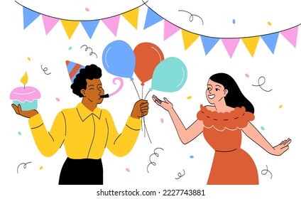 Concepto de fiesta de cumpleaños. Hombre y mujer con torta y globos parados cerca de conetti. Descanse y consuelo. Festividades y festivales. Diseño de postal de bienvenida o invitación. Dibujo vectorial plano de dibujos animados