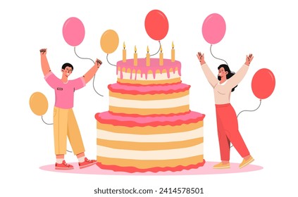 Birthday party concept. Man and woman near cake with candles and colorful air balloons. Annual event and holiday celebration. Cartoon flat vector illustration isolated on white background