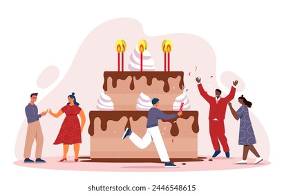 Birthday party concept. Men and women with large cakes. Holiday and festival with dessert and delicacy. Corporate event and celebration. Cartoon flat vector illustration isolated on white background