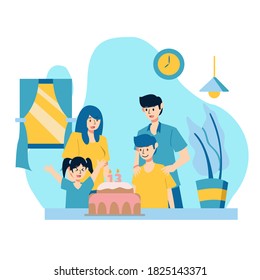 Birthday party concept with people and cake. Flat style vector illustration.