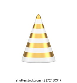 Birthday party cone hat festive holiday celebration costume realistic 3d icon vector illustration. Carnival decorative golden white stripes cap funny wear accessory element. Traditional event headgear