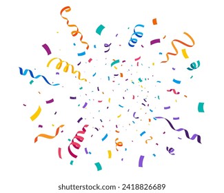 Birthday party confetti background, festive ribbons and streamer paper spiral stripes, cartoon vector. Colorful confetti explosion pop of paper ribbons for holiday, carnival and festival celebration