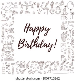 Birthday party congratulations doodle icons square vector frme decorative border