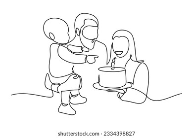 Birthday party in continuous line art drawing style. Happy family celebrating kid birthday with traditional Birthday cake. Black linear sketch isolated on white background. Vector illustration