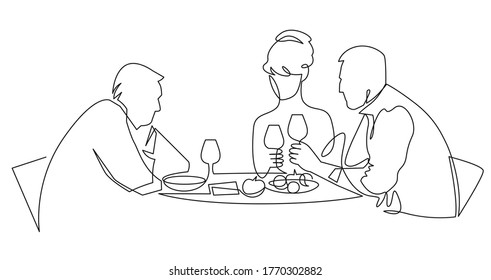 Birthday party continuous one line vector drawing. Woman and guests sitting at table drink wine, toast.