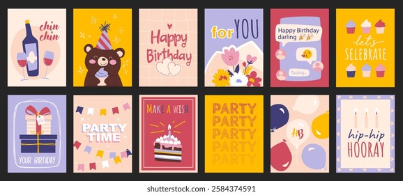 Birthday party cover typography template for posters, prints. Minimalistic banners set with champagne, happy bear, flower bouquet, congratulation message, cupcake, gift, cake. Vector illustration.