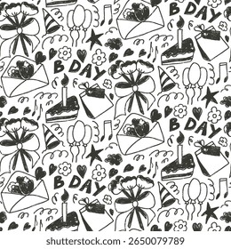 Festa de aniversário crayon padrão sem costura. Festivo rabiscar fundo infinito. Crianças desenhadas à mão preto e branco repetem a capa. Ornamento contínuo do evento. Ilustração plana desenhada à mão do vetor.