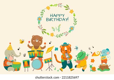 Birthday party cute jungle animal banner. Music celebration animals, holiday background. Bear tiger elephant play musical instruments, nowaday children vector characters