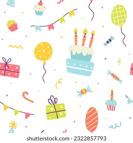 Birthday party cute seamless pattern. Doodle vector festive print with party decoration and birthday cake.