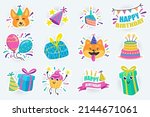 Birthday party cute stickers set in flat cartoon design. Bundle of holiday cake, gifts, funny dogs in festive hats, balloons, garlands and others. Vector illustration for planner or organizer template
