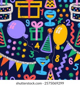 Birthday party cute vector seamless pattern. Template doodle festive print with party decoration and birthday cake. Kids Birthday Party Seamless Pattern, Happy Holiday Celebration Endless vector.