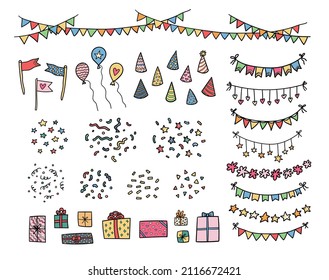 Birthday party decor elements. Colorful hand drawn doodle style flag garlands, balloons, present gift boxes, flags and birthday caps. Happy celebration, festive decoration vector illustration set.