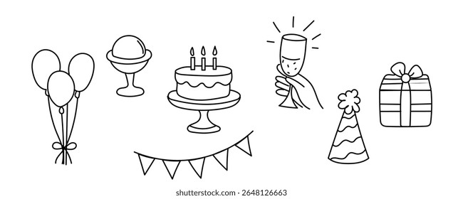 Birthday Party Decoration Element Set. Cake, champagne Wineglass, Ice Cream, Hot Air Balloon, Gift Box.  Outline Contour Drawing Style Minimalist Design. Birthday Greeting Party Symbol Sign Doodle Art