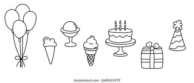 Birthday Party Decoration Element Set. Cake, sweet desserts Ice Cream, Hot Air Balloon, Gift Box. Outline Contour Drawing Style Minimalist Design. Birthday Greeting Party Symbol Sign Doodle Art Icon