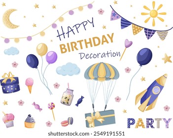 Birthday party decoration elements set. Elements for creating bright cards, invitations to a children's birthday party. Vector illustration on white background