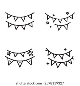 Birthday party decoration flags outline icon set.