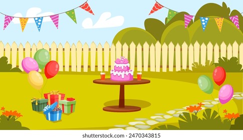 Birthday party decoration in garden on backyard. Festive table with cake, balloons, garlands and gifts outside. Children celebration on lawn front of wooden fence. Cartoon vector illustration.