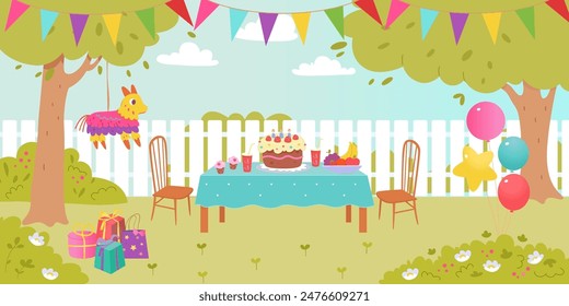 Birthday party decoration in garden on backyard. Festive table with cake, balloons, garlands, pinata and gifts outside. Children celebration on lawn front of wooden fence. Cartoon vector illustration.