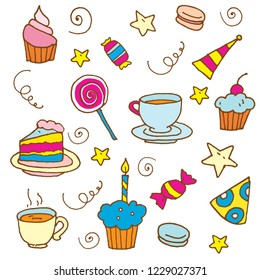 Birthday party decoration objects doodle set: cake, cup, lolly pop, sweets, stars, muffin. Hand drawn line art, stock vector illustration black and white