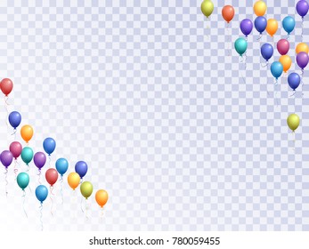 Birthday party decoration on transparent. Realistic helium flying balloons isolated bunches frame, party decor objects group design.
