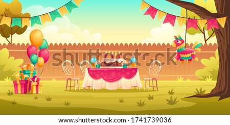 Birthday party decoration on yard. Flags garland, balloons, table and chairs for celebration kids anniversary outside. Vector cartoon illustration of garden with holiday cupcake and gift boxes